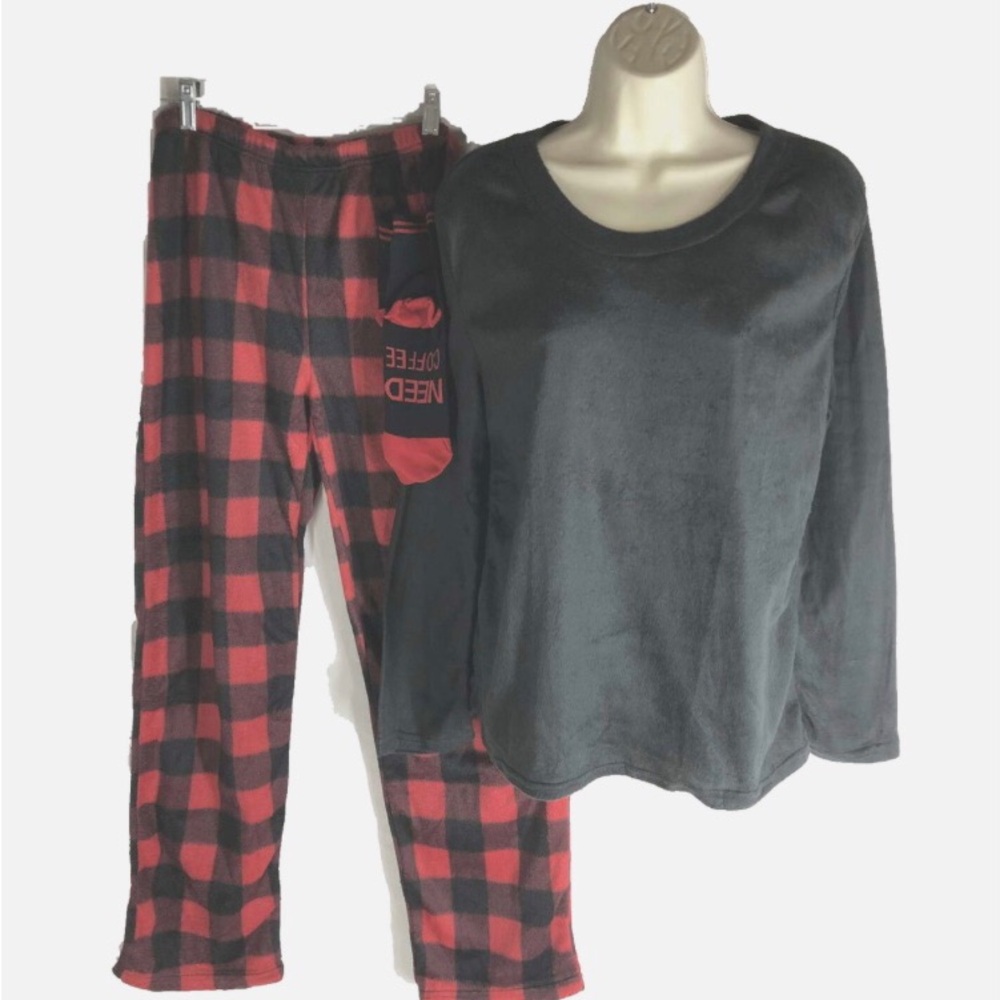 JUST LOVE Pajama Set NEW sz M 3 pc Top Bottom Socks Buffalo Check Fleece NWT
